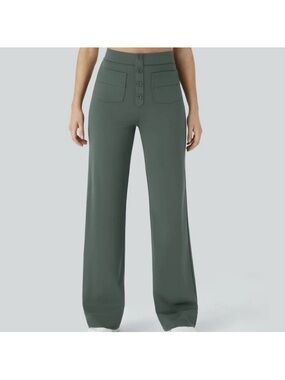 HALARA Pants Size M DayStretch High Waist Button Detail Pockets Straight Leg New